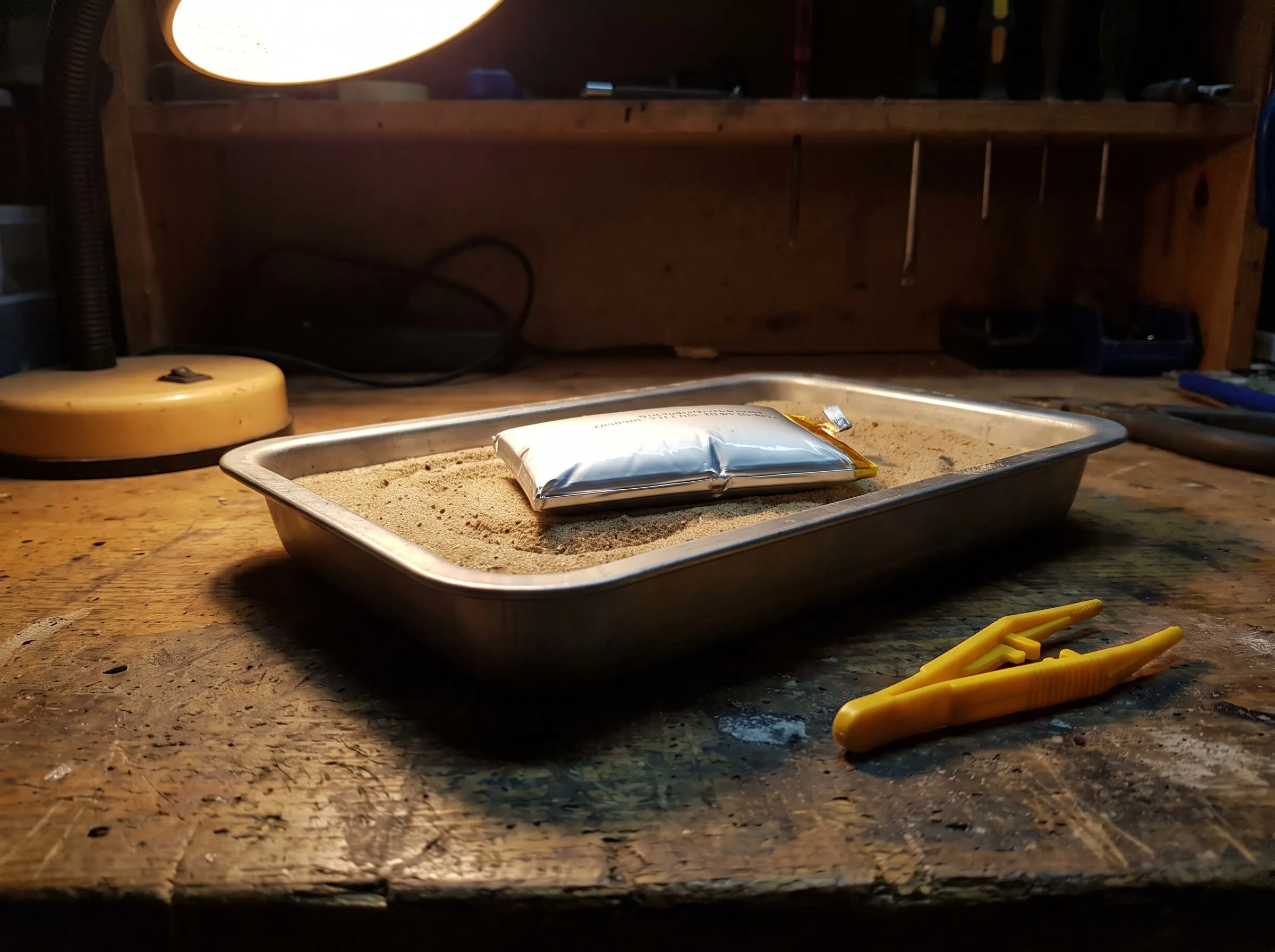 Bateria de celular estufada isolada numa bandeja de metal com areia