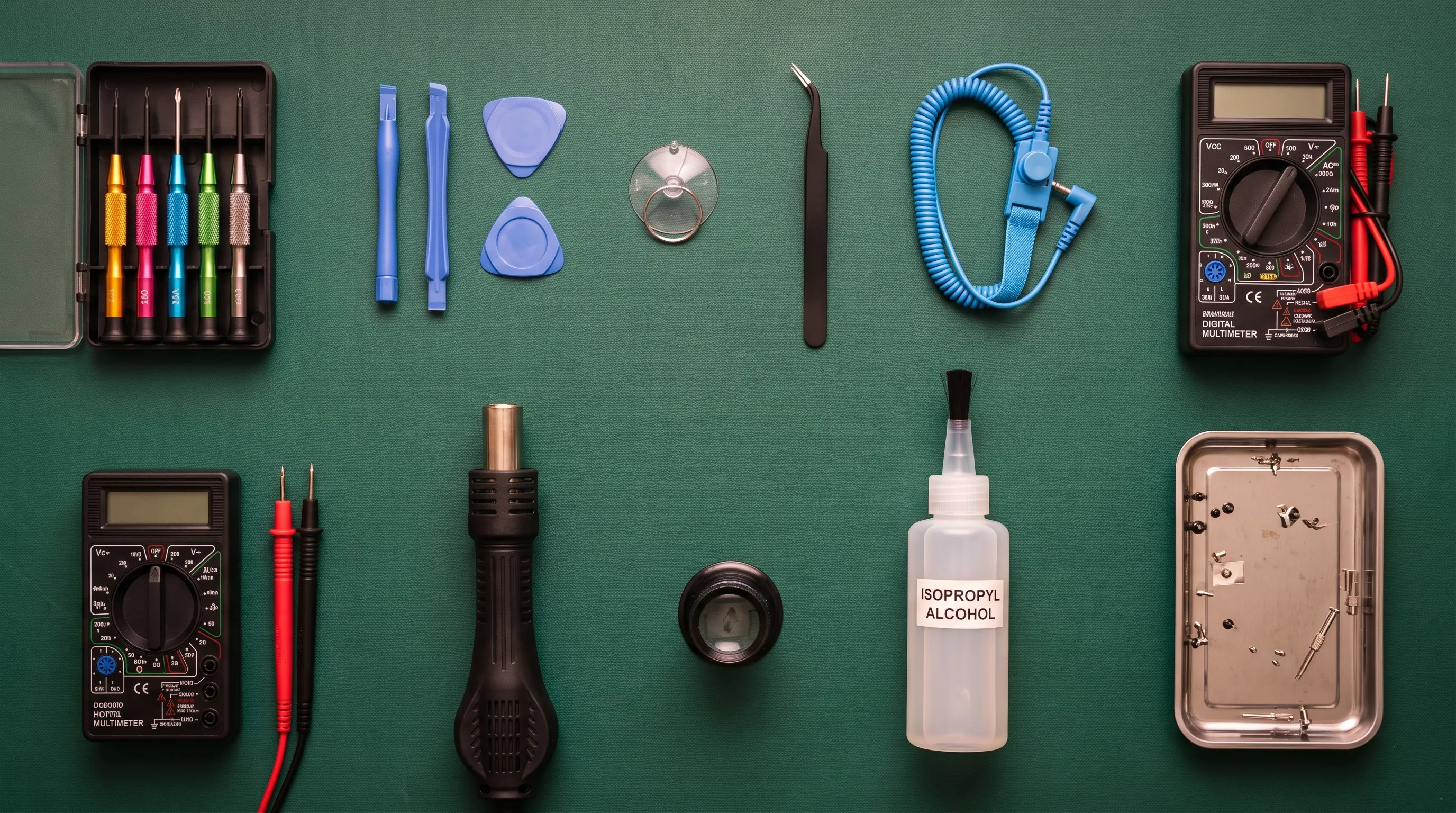Kit de ferramentas de conserto de celular organizado sobre uma manta antiestática verde